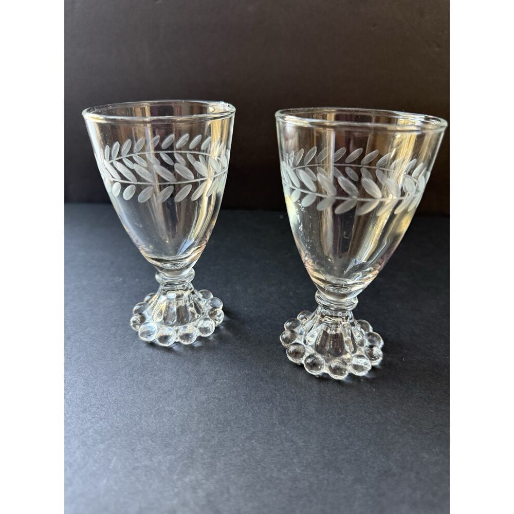 Anchor Hocking Vintage Etched Laurel Boopie Bubble Footed Glasses set 2
